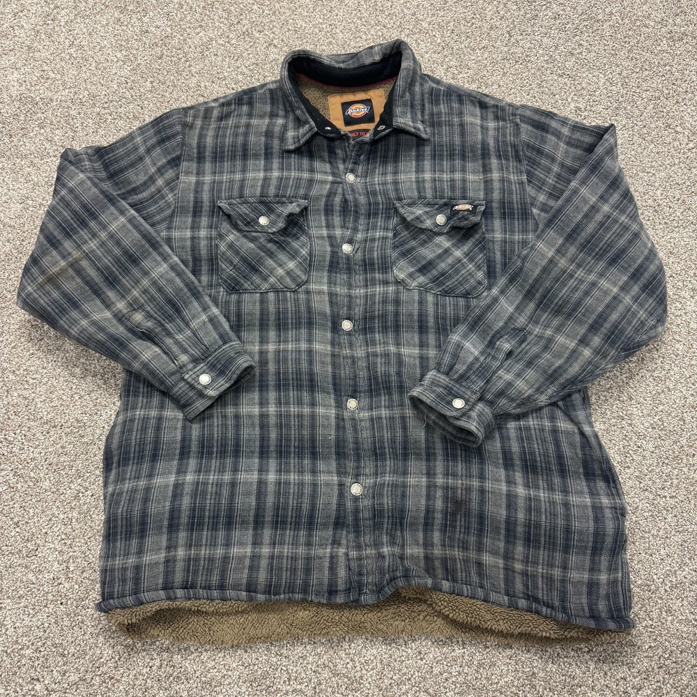 Dickies Jacket Mens XL Gray Plaid Flannel Sherpa Lined Snap Shirt Workwear